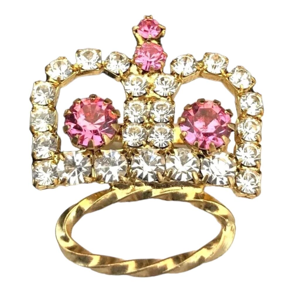 Vintage 1960s Gold Tone Crown Brooch Pink Clear Crystal Pin - 1I